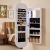 Wall and door mounted jewelry cabinet with full-length mirror, 108 earring slots, and adjustable LED lighting for versatile storage.