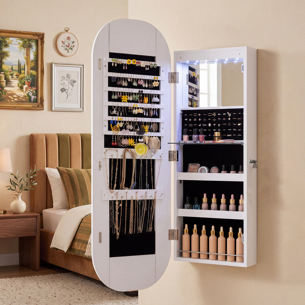 Wall and door mounted jewelry cabinet with full-length mirror, 108 earring slots, and adjustable LED lighting for versatile storage.