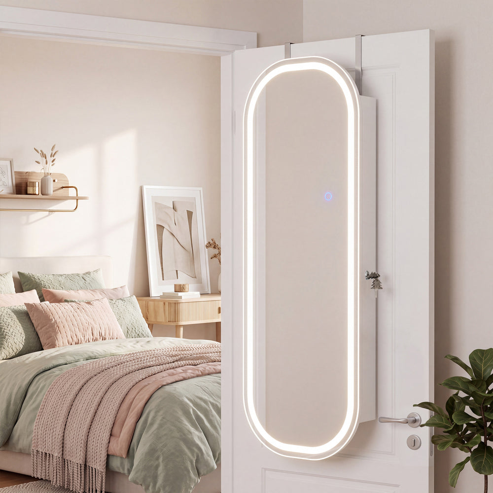 Full-length wall and door mounted mirror jewelry cabinet with adjustable lighting, 108 earring slots, and lockable door.