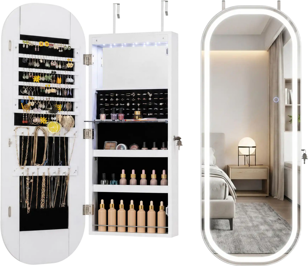 Jewelry cabinet with a built-in vanity mirror, 2-tier storage shelves, and adjustable LED lighting for versatile organization.