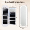Product dimensions of the wall and door mounted mirror jewelry cabinet showcasing adjustable height hooks, LED lights, and lockable door.