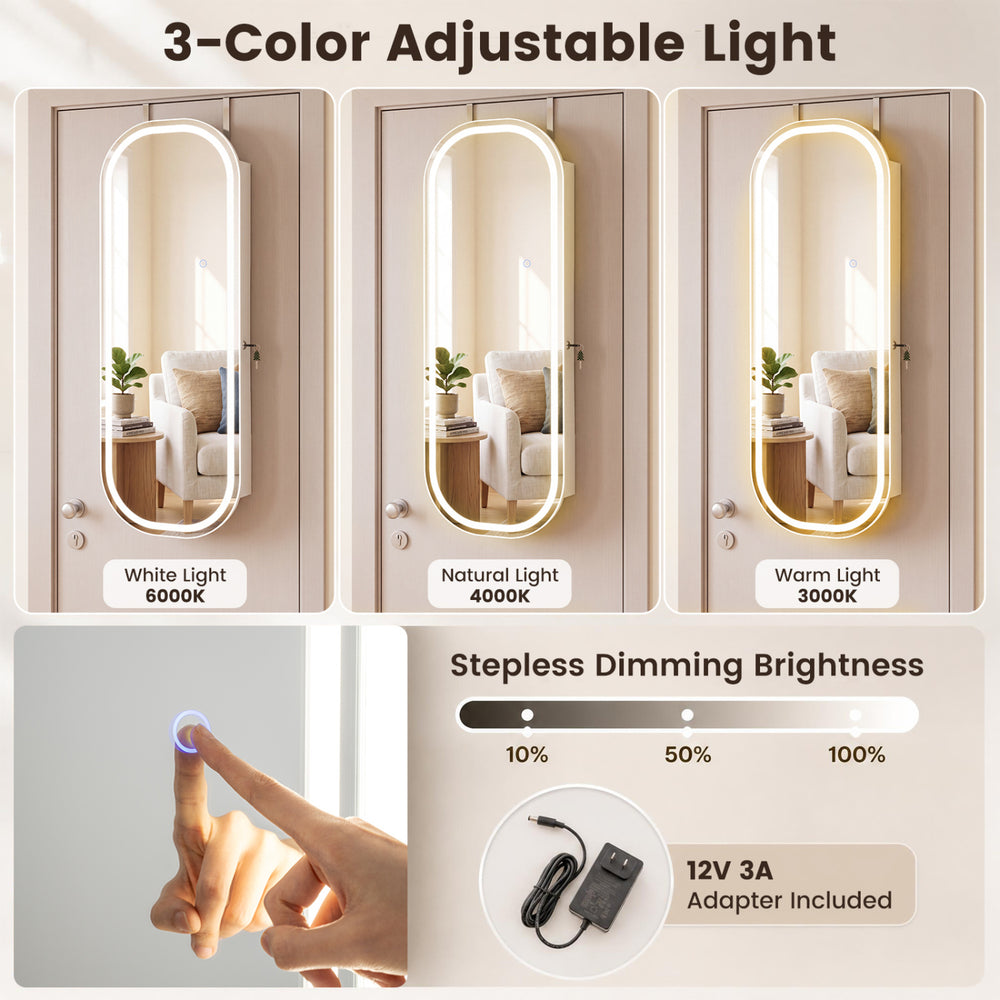 Full-length mirror jewelry cabinet with 3-color adjustable light, 108 earring slots, and versatile storage options.