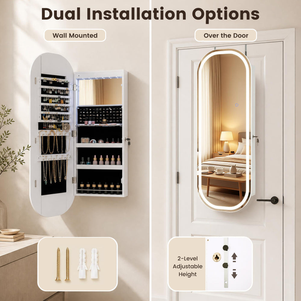 Jewelry cabinet with dual installation options, featuring a built-in vanity mirror, 6 LED lights, and adjustable height hooks.