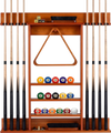 Wall-mounted brown billiards pool cue rack made of solid pine wood with storage for 8 cues and 15 balls, ideal for game.