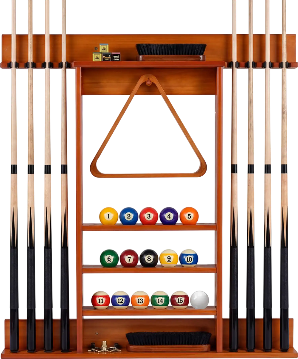Wall-mounted brown billiards pool cue rack made of solid pine wood with storage for 8 cues and 15 balls, ideal for game.