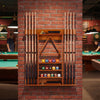 Wall-mounted billiards pool cue rack in brown, made of solid pine wood, with storage for 8 cues and 15 balls.