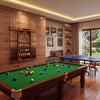 Wall-mounted brown billiards pool cue rack made of solid pine wood, featuring storage for 8 cues and 15 balls.