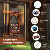Wall-mounted billiards pool cue rack in brown, made of solid pine wood, holds 8 cues and 15 balls for organized storage.
