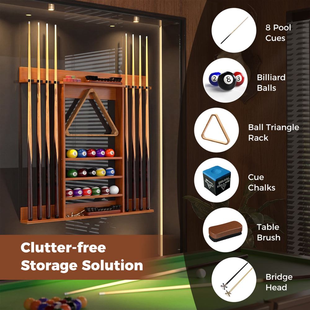 Wall-mounted billiards pool cue rack in brown, made of solid pine wood, holds 8 cues and 15 balls for organized storage.