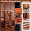 Detail view of wall-mounted billiards pool cue rack in brown, highlighting upper and lower shelves for brushes and.
