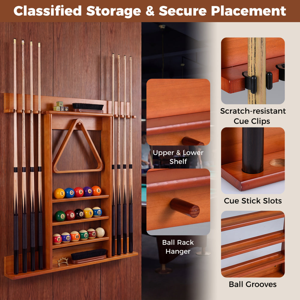 Detail view of wall-mounted billiards pool cue rack in brown, highlighting upper and lower shelves for brushes and.