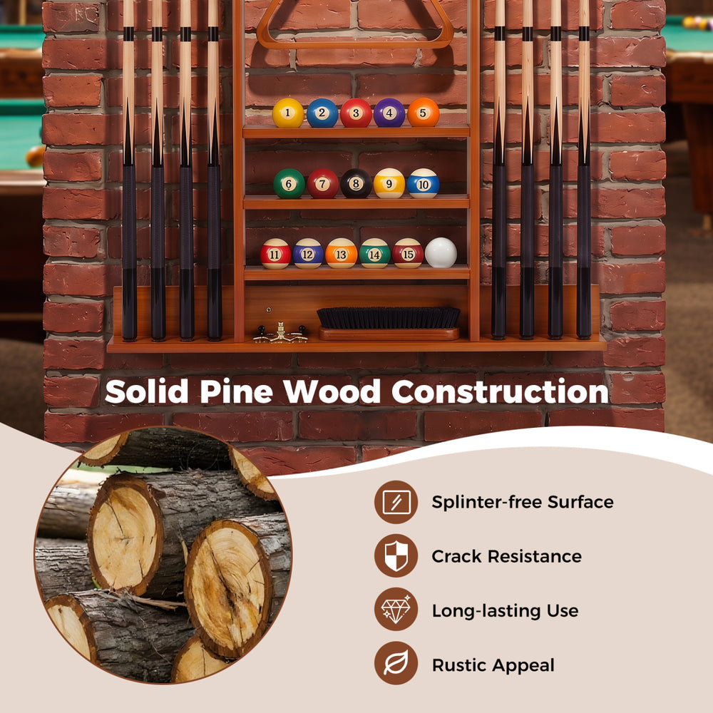 Close-up of wall-mounted billiards pool cue rack in brown, showcasing the solid pine wood texture and clips for 8 cues.