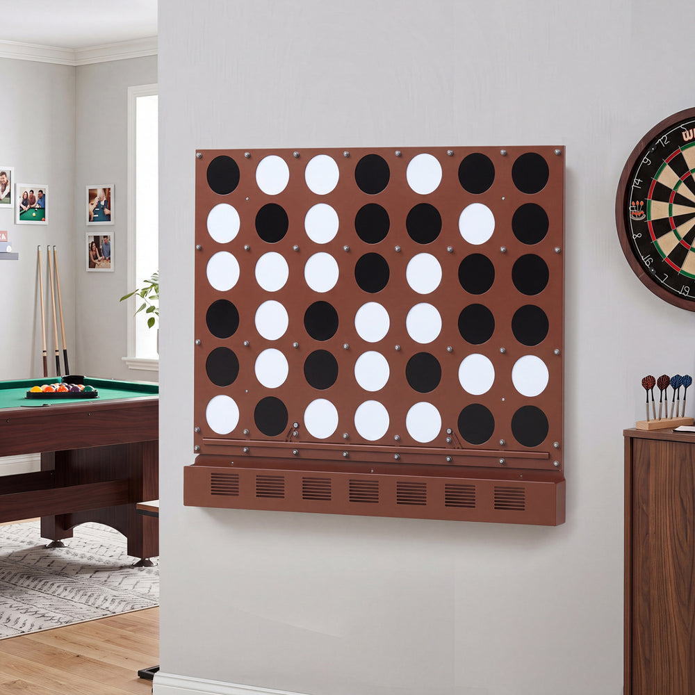 Wall-mounted Jumbo 4-in-a-Row game in walnut finish showcases a spacious design, ideal for engaging gameplay in basements.