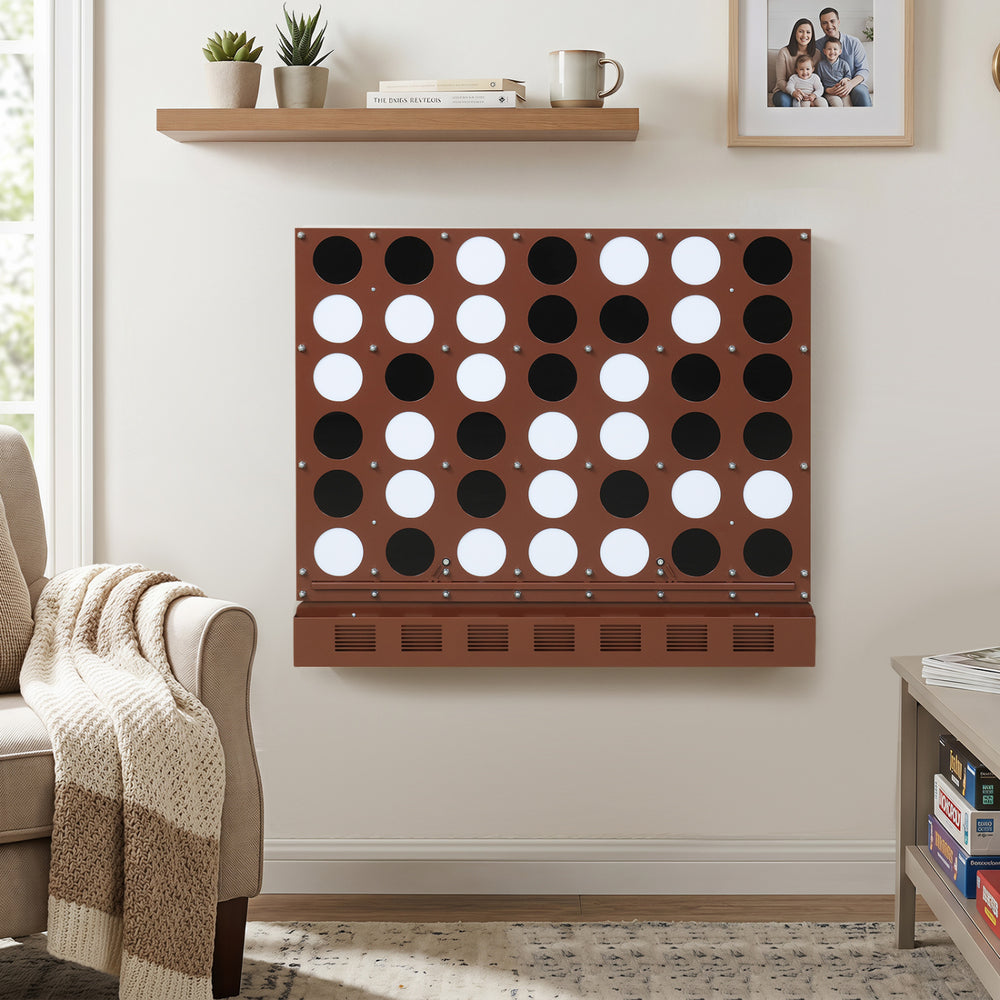 Wall-mounted Jumbo 4-in-a-Row game in walnut finish features sleek acrylic discs for easy play in game rooms or basements.