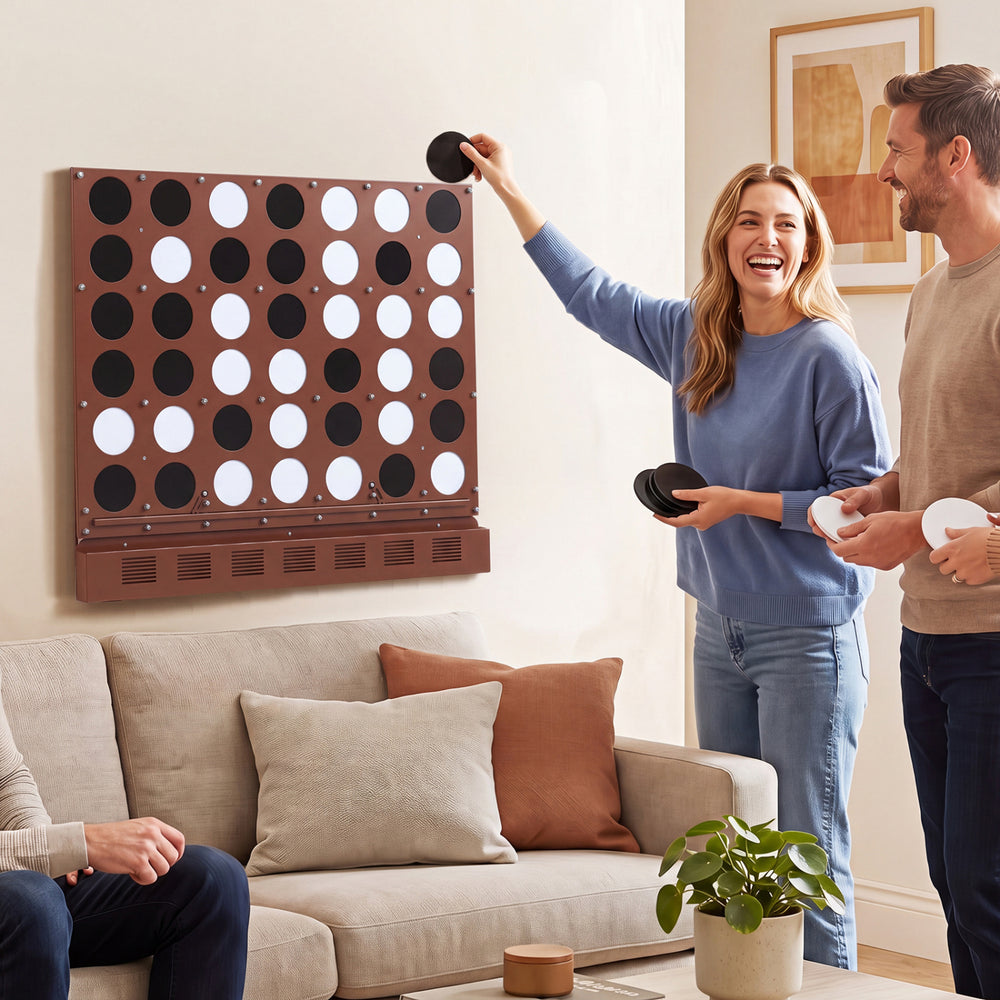Wall-mounted Jumbo 4-in-a-Row game in walnut finish with sleek acrylic discs, ideal for family fun in game rooms.