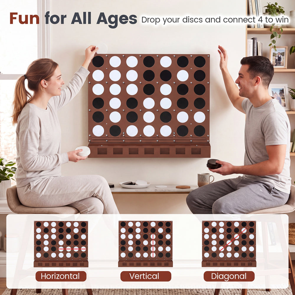 Wall-mounted Jumbo 4-in-a-Row game in walnut finish features acrylic discs for fun gameplay in garages or game rooms.