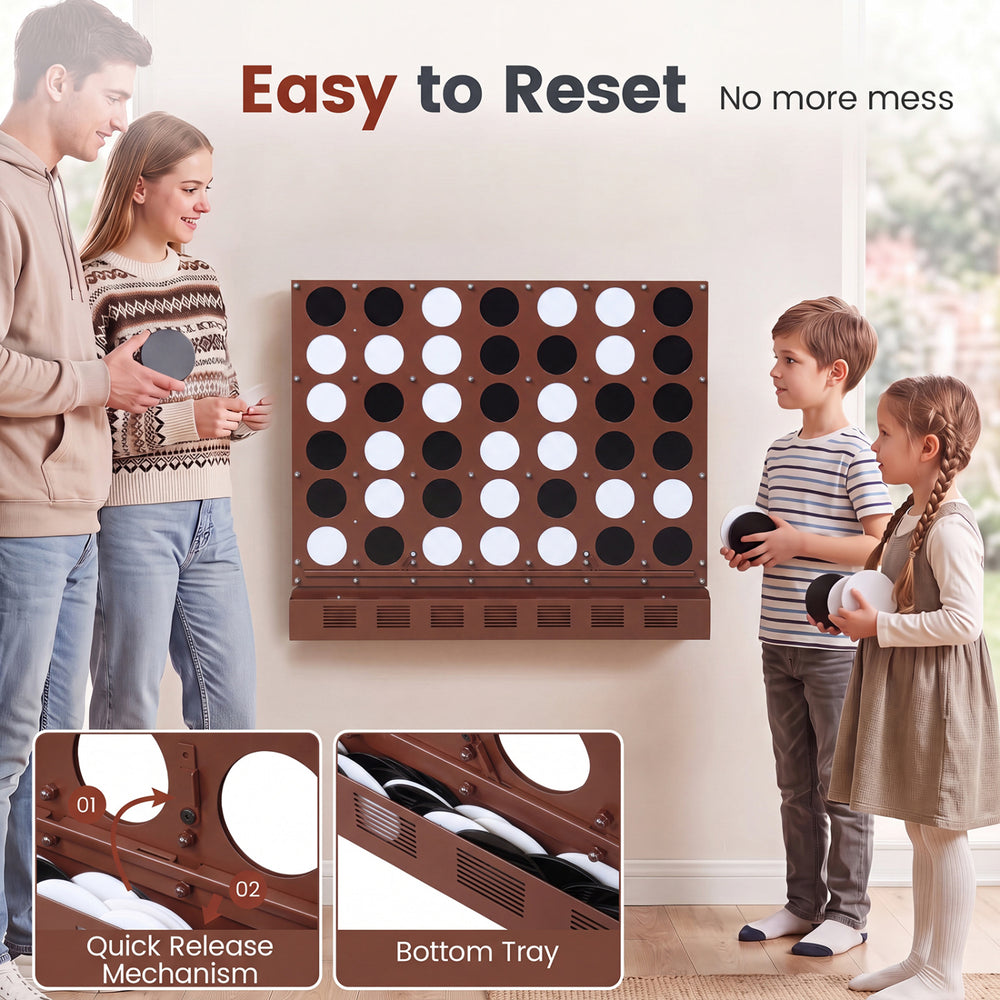 Wall-mounted Jumbo 4-in-a-Row game in walnut finish features easy reset and bottom tray for mess-free play.