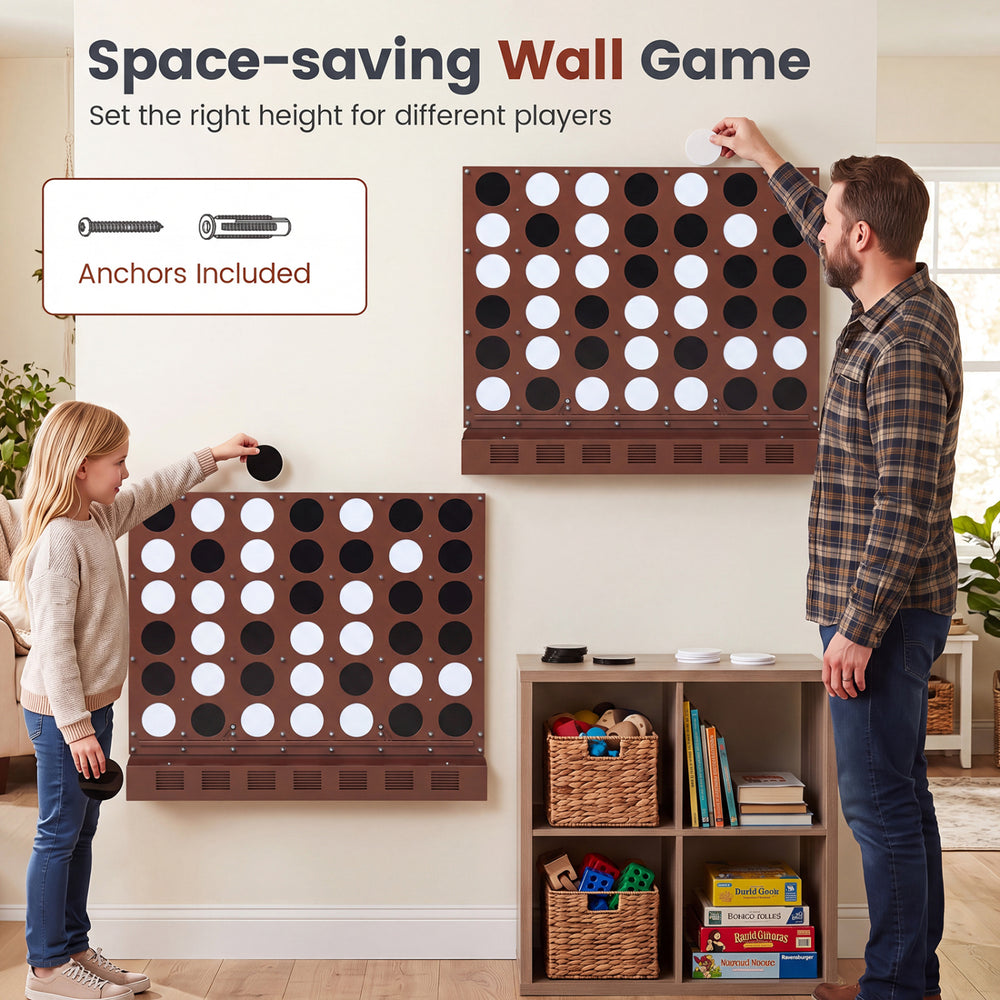 Wall-mounted Jumbo 4-in-a-Row game in walnut finish features acrylic discs and includes wall anchors for easy setup.