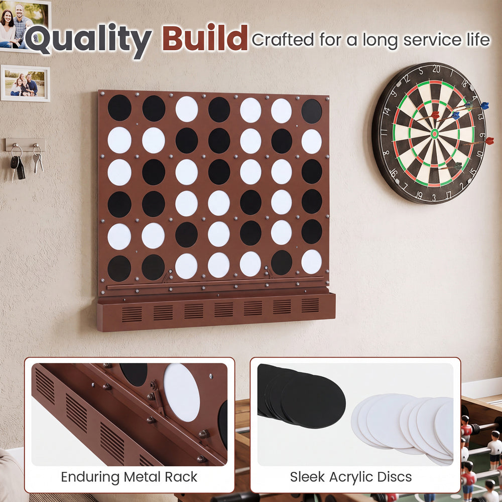 Wall-mounted Jumbo 4-in-a-Row game in walnut with enduring metal rack and sleek acrylic discs for easy play and reset.