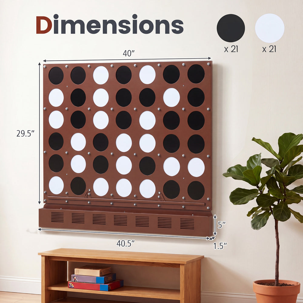 Wall-mounted Jumbo 4-in-a-Row game in walnut finish with 42 acrylic discs, perfect for game rooms and family fun.