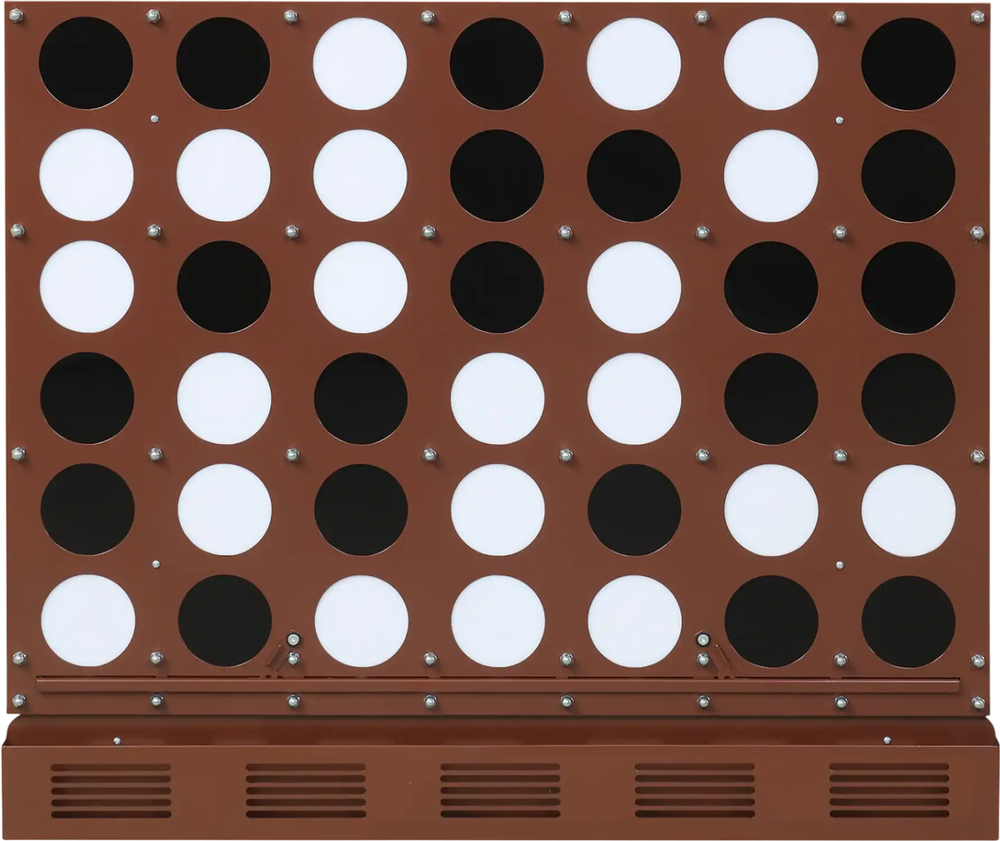 Wall-mounted Metal Connect-4 game in walnut finish features sleek acrylic discs for easy play in game rooms or garages.
