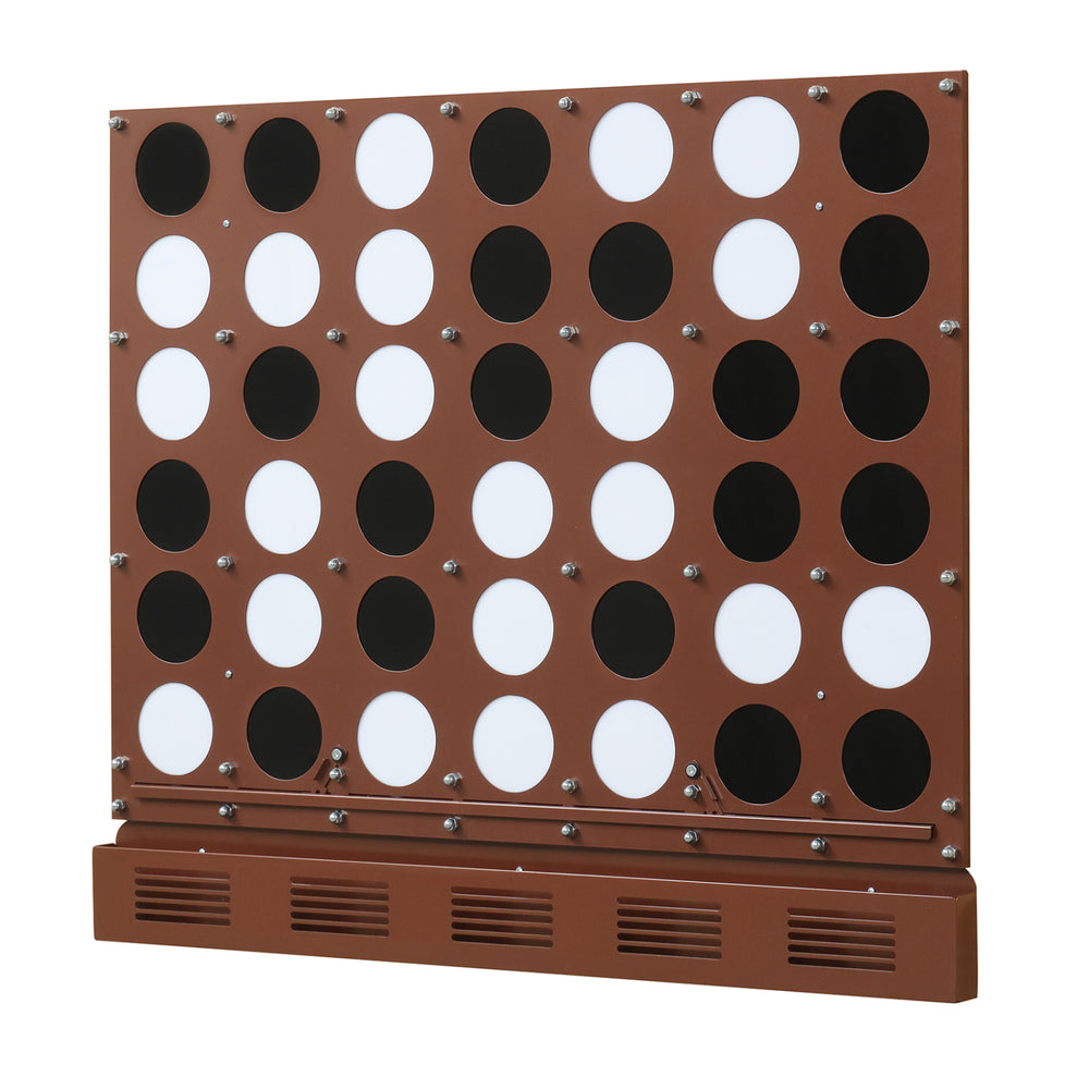 Wall-mounted metal Connect-4 game in walnut finish features acrylic discs, perfect for garages and game rooms.