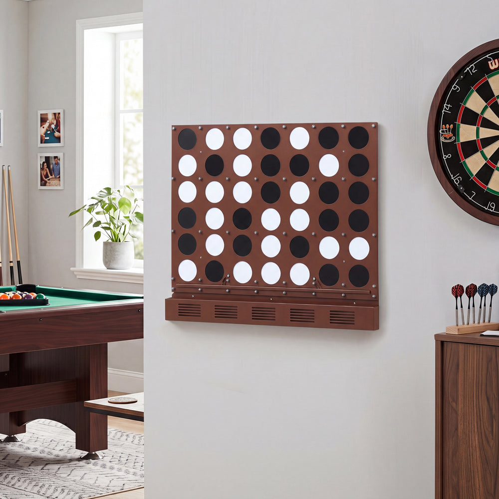 Wall-mounted metal Connect-4 game in walnut finish with sleek acrylic discs, perfect for game rooms and basements.