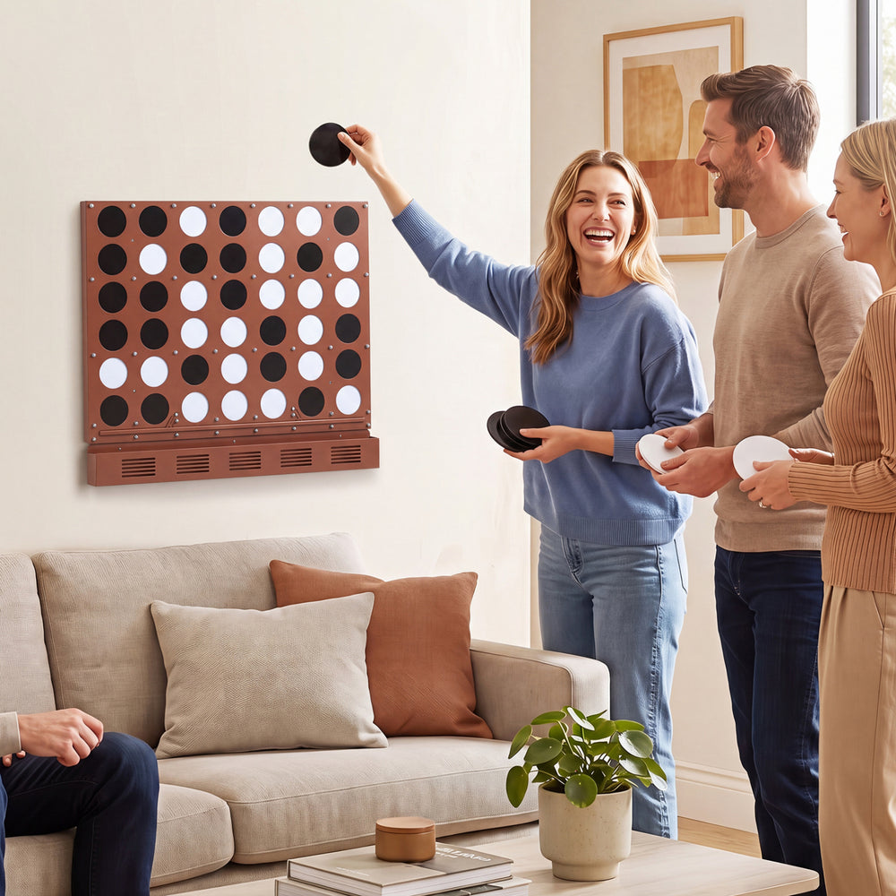 Wall-mounted metal Connect-4 game in walnut with acrylic discs, perfect for family fun in game rooms or basements.
