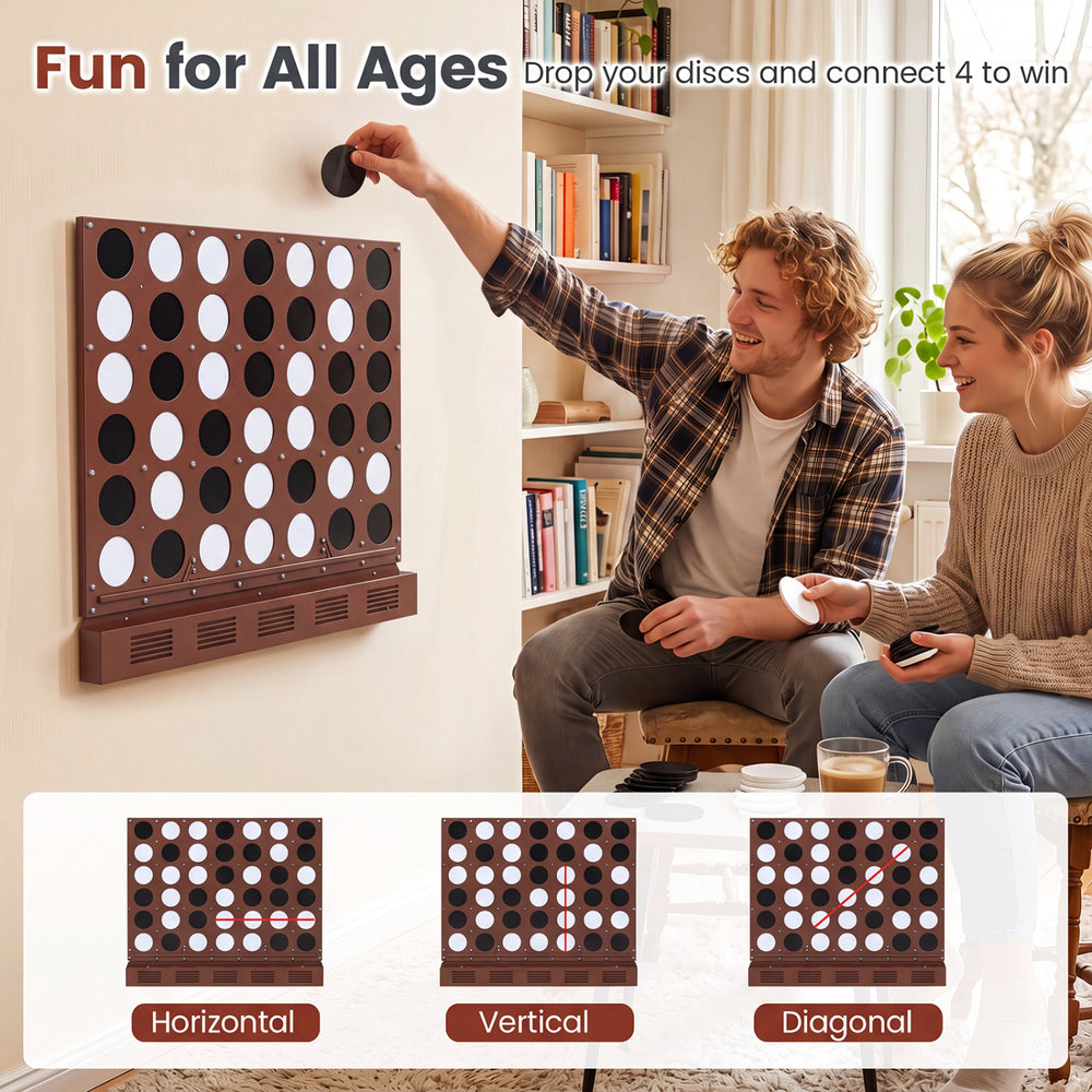 Wall-mounted metal Connect-4 game in walnut finish with sleek acrylic discs, perfect for family fun in game rooms.
