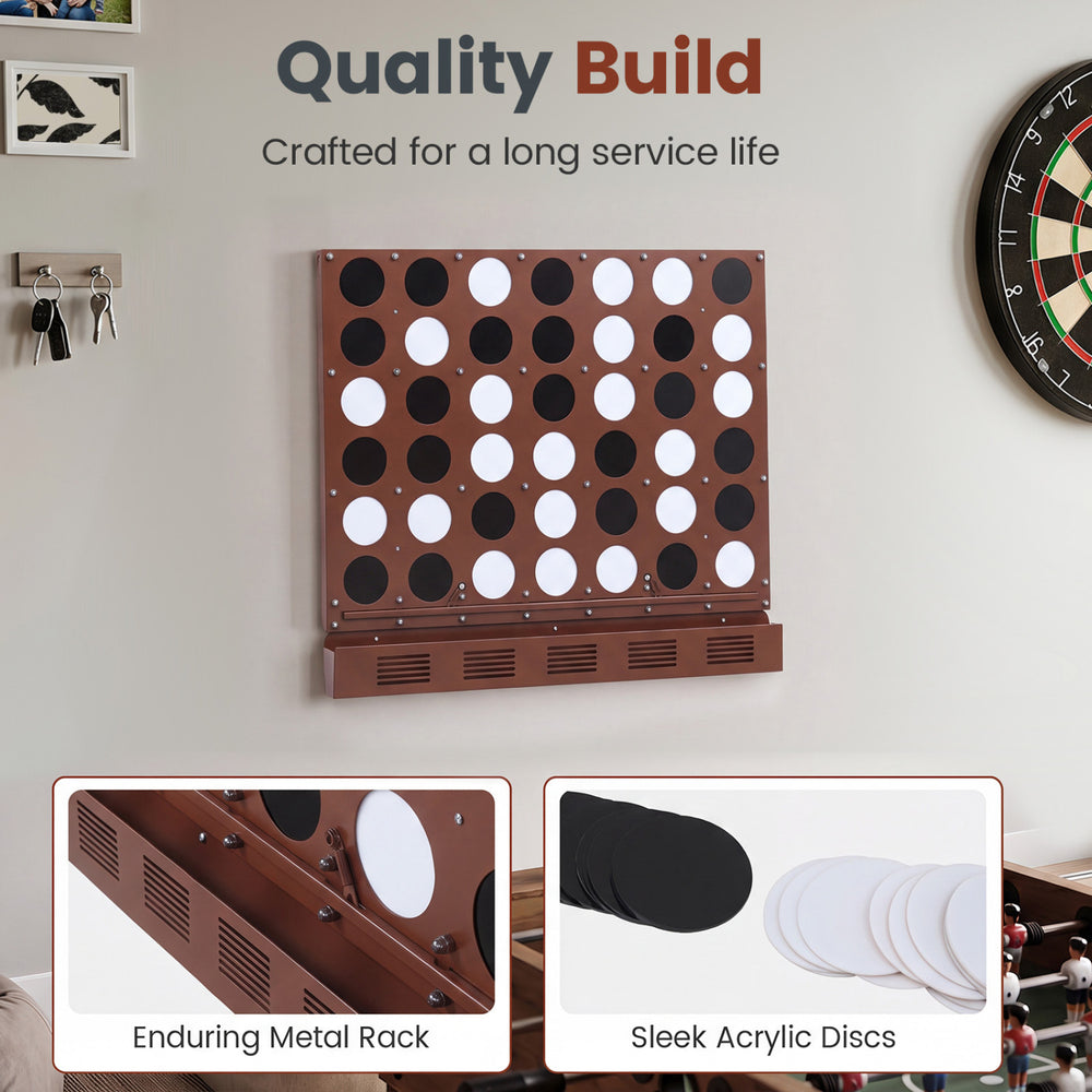 Wall-mounted Connect-4 game in walnut finish with enduring metal rack and sleek acrylic discs for easy play.