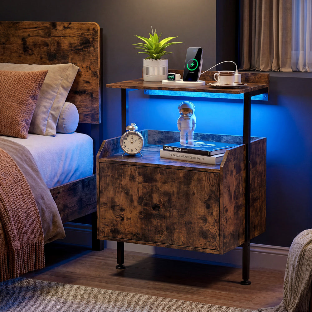 Wall-mounted Nightstand with LED Lights and Charging Station for Bedroom-Rustic Brown - Gallery View 1 of 10