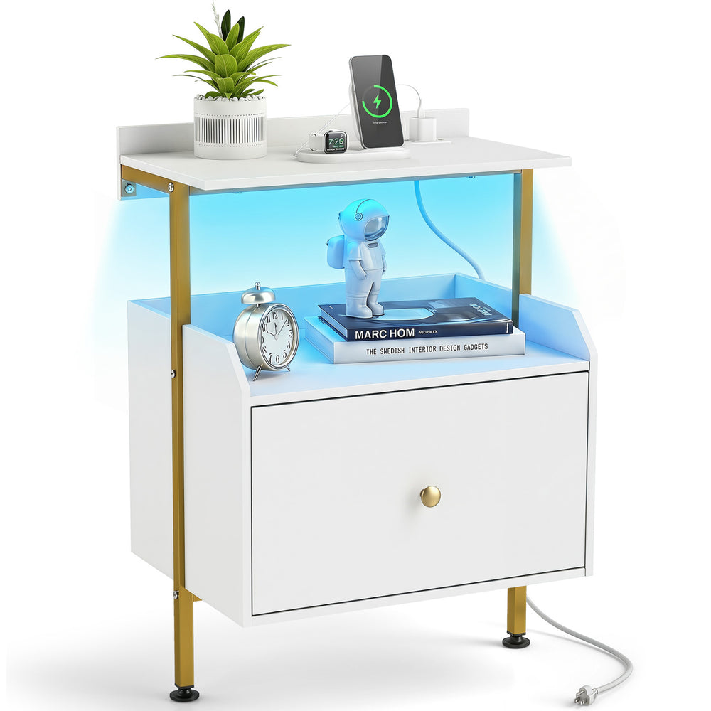 Wall-mounted nightstand in white with RGB LED lights, remote control, and two open shelves for versatile storage.