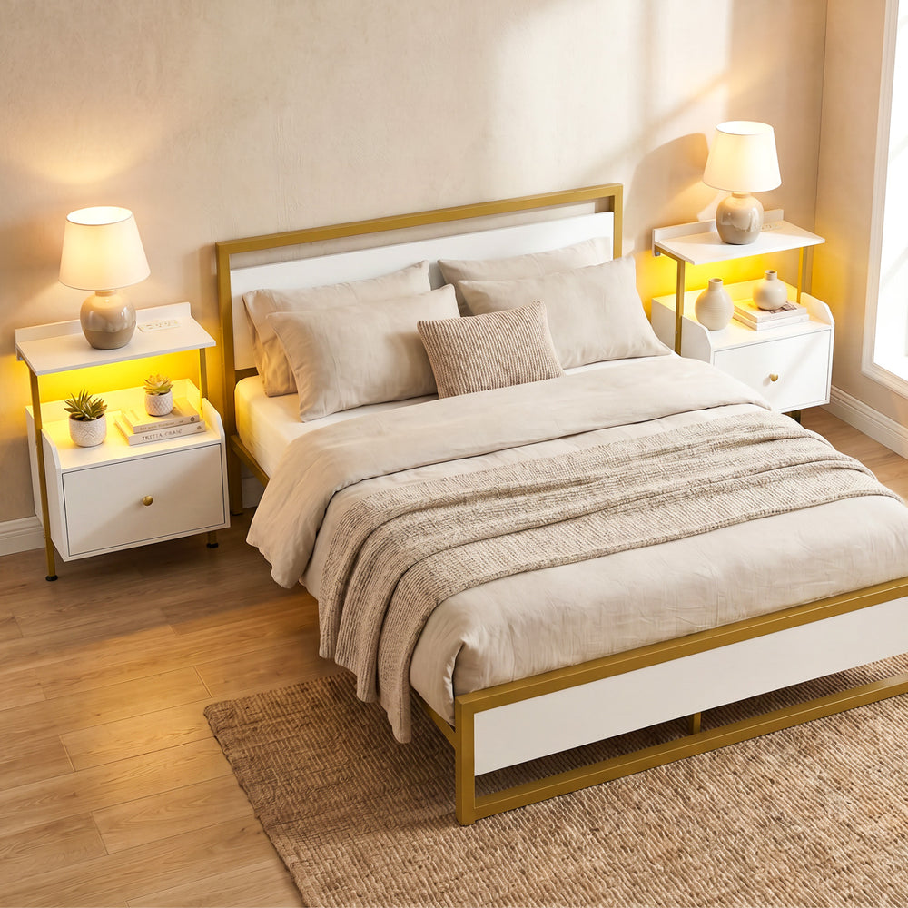 Wall-mounted nightstand in white featuring integrated RGB LED lights and adjustable foot pads for stable and stylish.