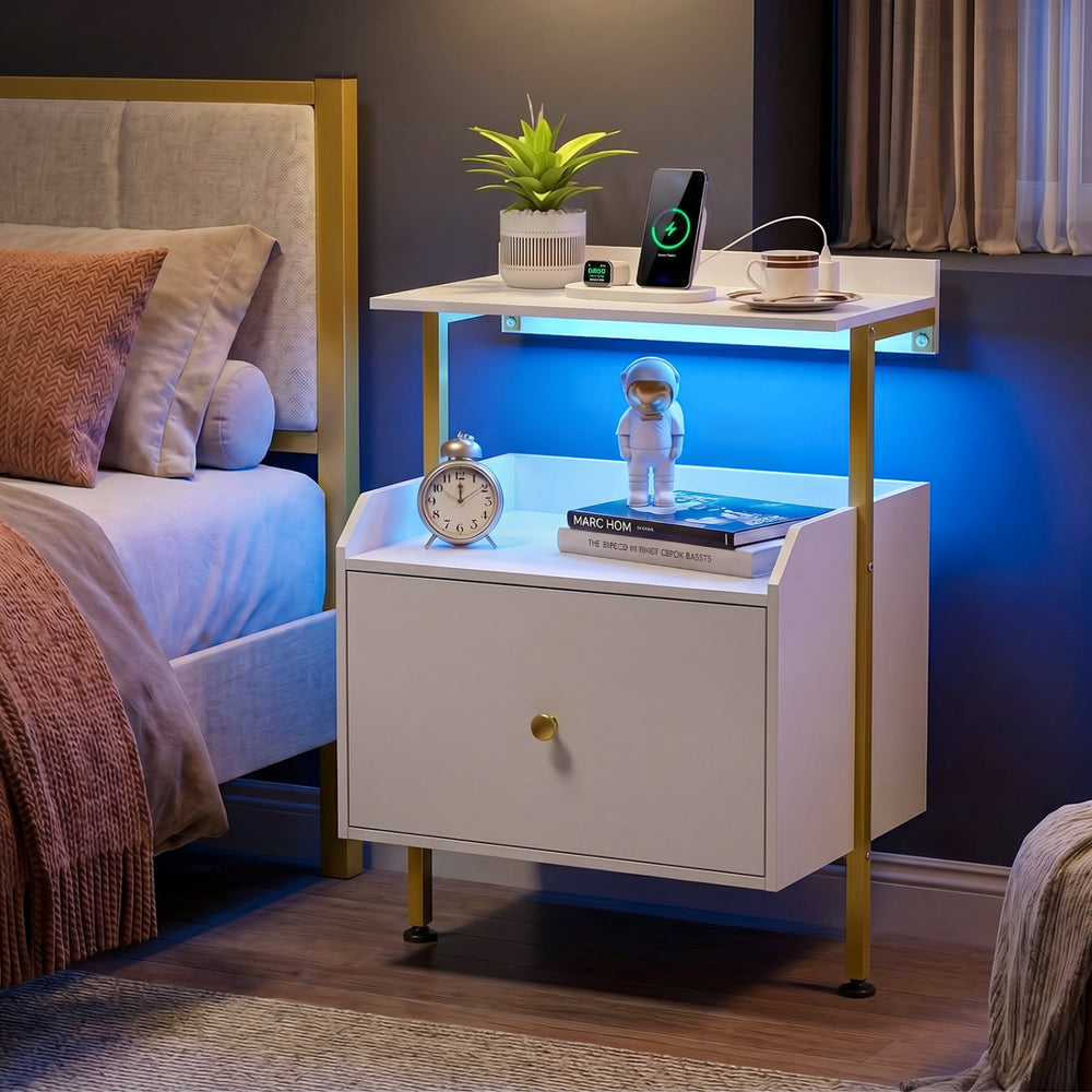 Wall-mounted Nightstand with LED Lights and Charging Station for Bedroom-White - Gallery View 1 of 10