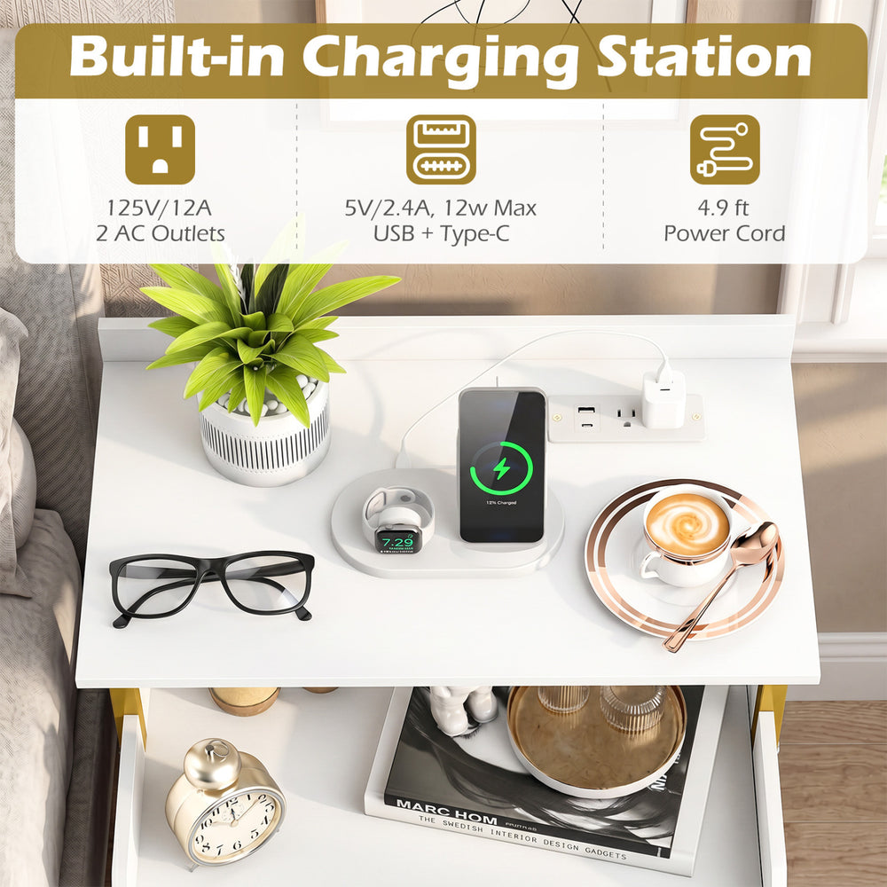 Wall-mounted nightstand in white with built-in charging station, LED lights, and two open shelves for storage.