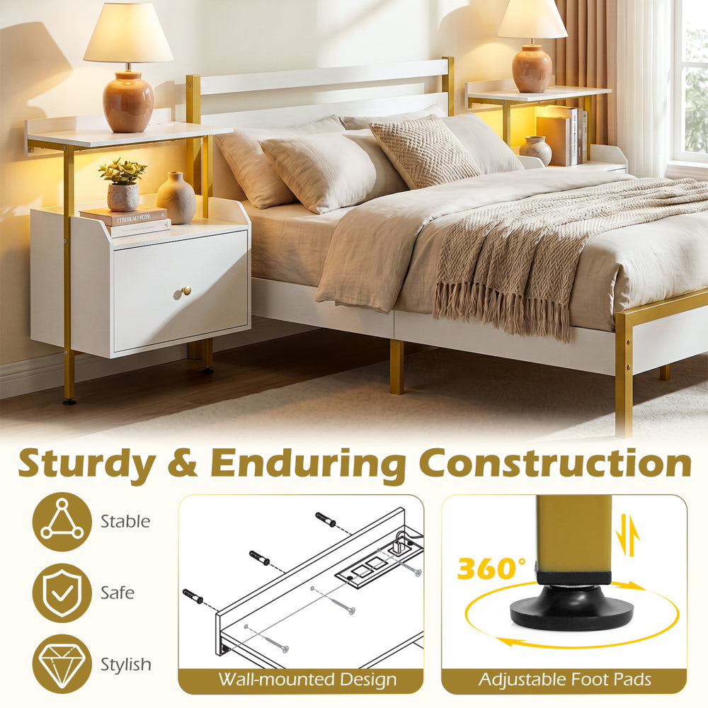 Wall-mounted nightstand in white with RGB LED lights, charging station, and adjustable foot pads for bedroom.