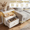 Wall-mounted nightstand in white with LED lights, featuring 2 open shelves and a deep storage drawer for bedroom.