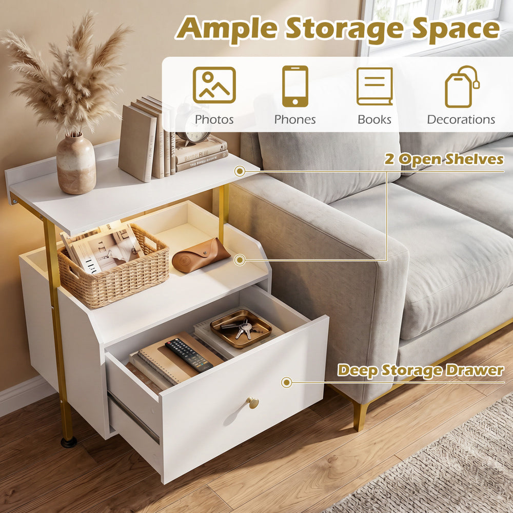 Wall-mounted nightstand in white with LED lights, featuring 2 open shelves and a deep storage drawer for bedroom.