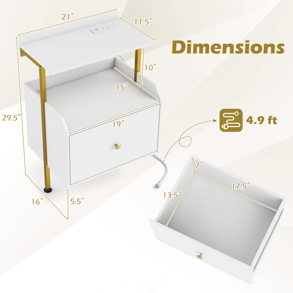 Wall-mounted nightstand in white with LED lights, charging station, and deep storage drawer for bedroom organization.