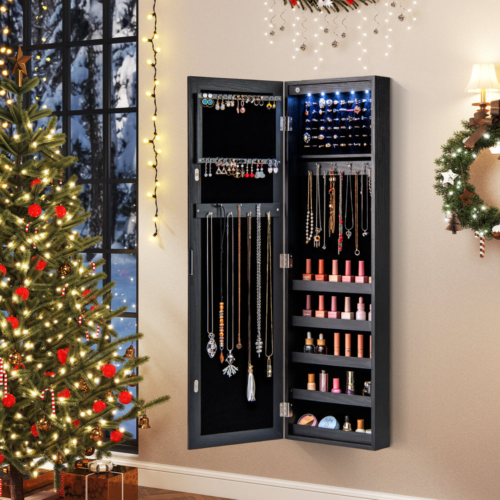 Wall-mounted jewelry cabinet in black with full-length mirror, LED lights, and generous storage for organized.