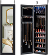 Side view of black wall or door mounted jewelry cabinet with LED lights, velvet lining, and ample storage for jewelry.