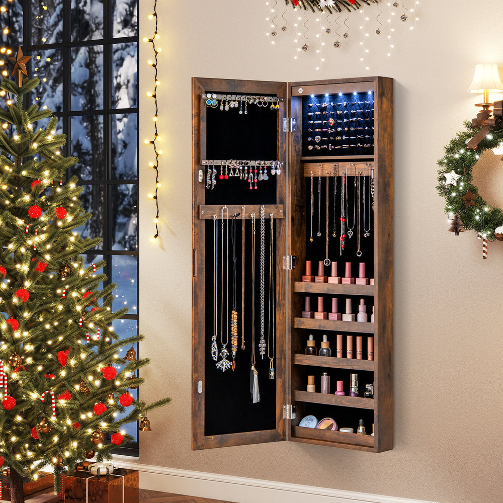 Wall or Door Mounted Jewelry Cabinet with Full-Length Mirror and LED Lights-Rustic Brown - Gallery View 1 of 11