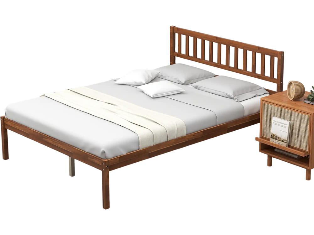 Full-size wood bed frame with headboard and slat support, featuring a solid wood design and elegant style for bedroom.