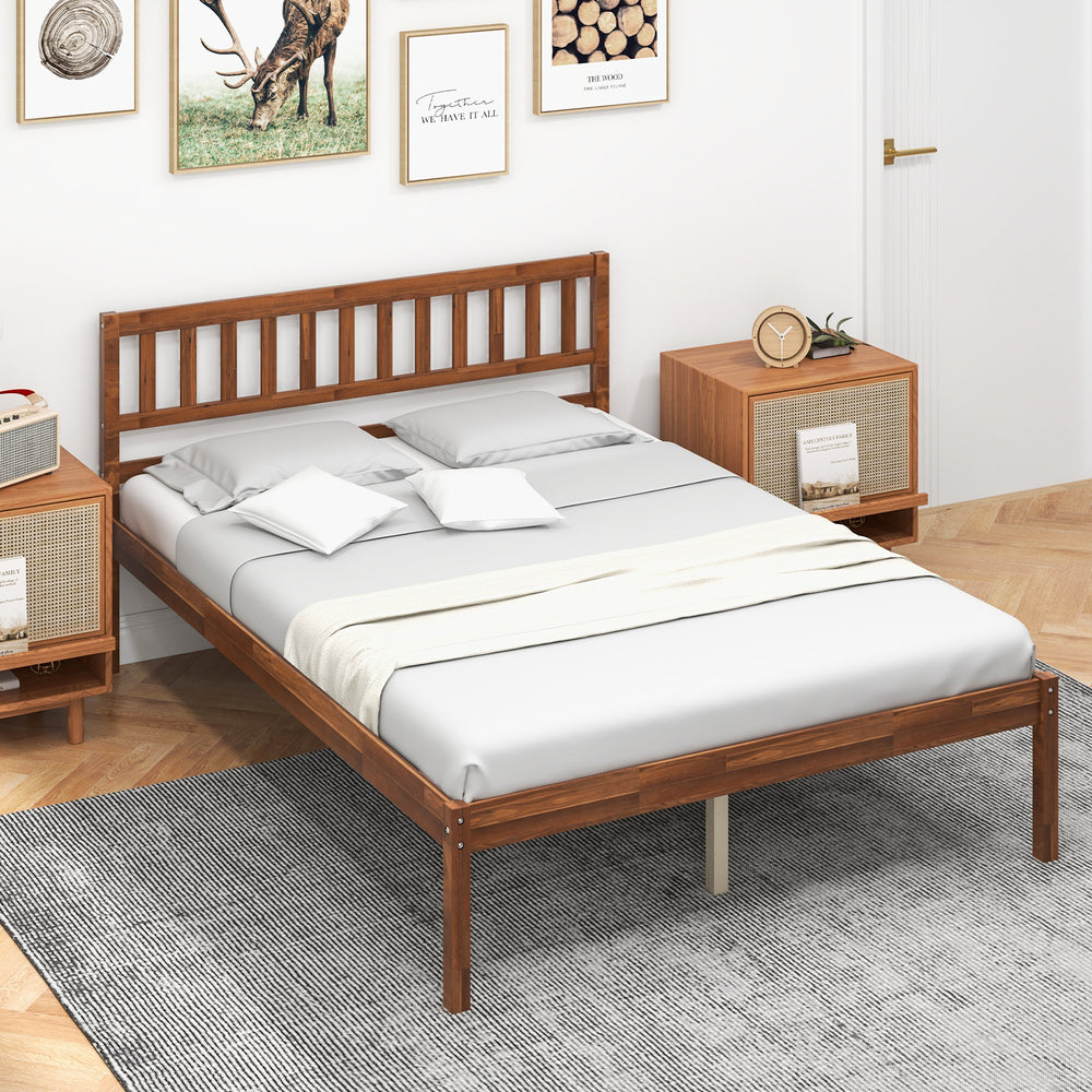 Full-size wood bed frame with headboard, slat support, and under-bed storage for a stylish and sturdy bedroom solution.