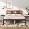 Full-size wood bed frame with elegant headboard and slatted support, featuring a solid wood design for durability.