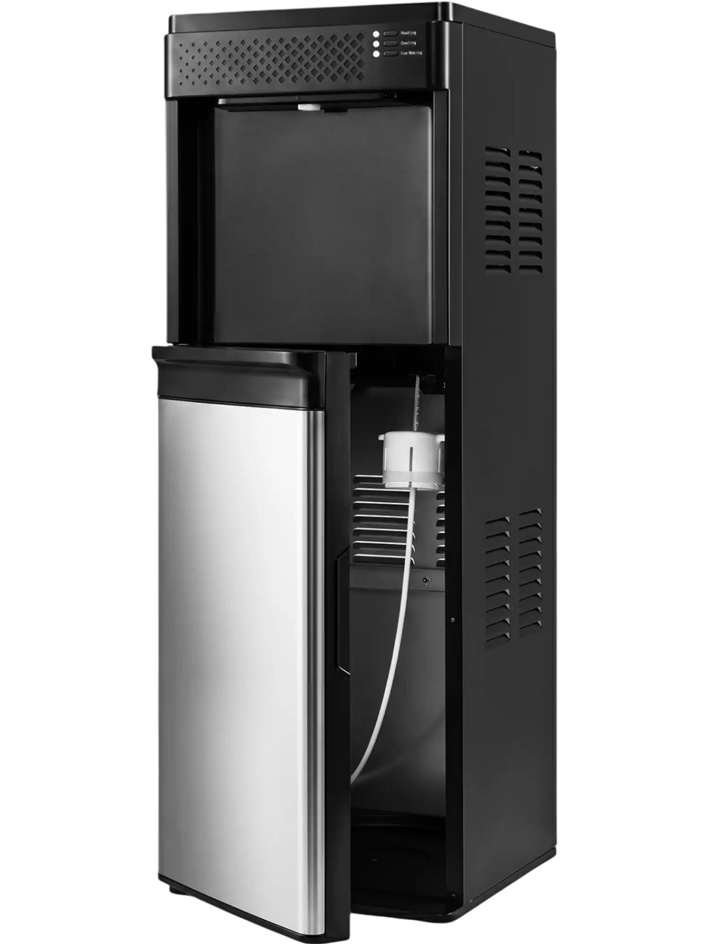 3-in-1 black water dispenser with ice maker, featuring a bottom-loading design for 5-gallon bottles and easy operation.