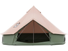 Waterproof bell tent in green with stove jack, mesh windows, and spacious interior for 6-8 people, ideal for camping.