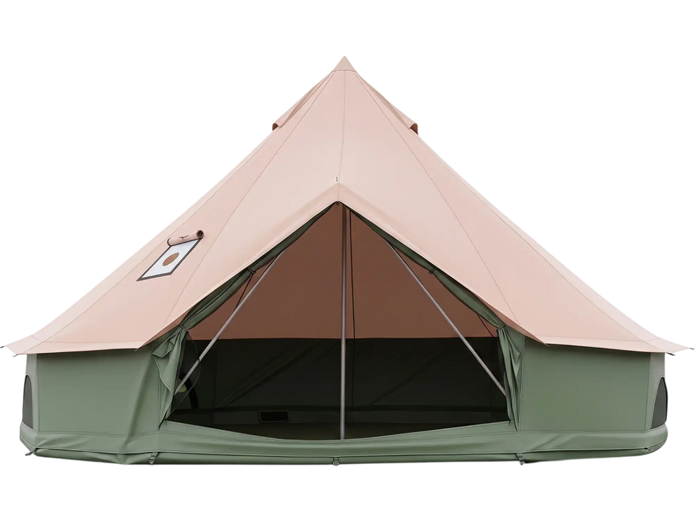 Waterproof bell tent in green with stove jack, mesh windows, and spacious interior for 6-8 people, ideal for camping.