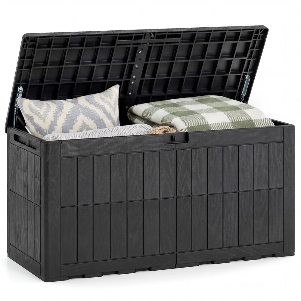 Waterproof lockable outdoor deck box in black, featuring cushions and blankets, perfect for pool supplies and garden.