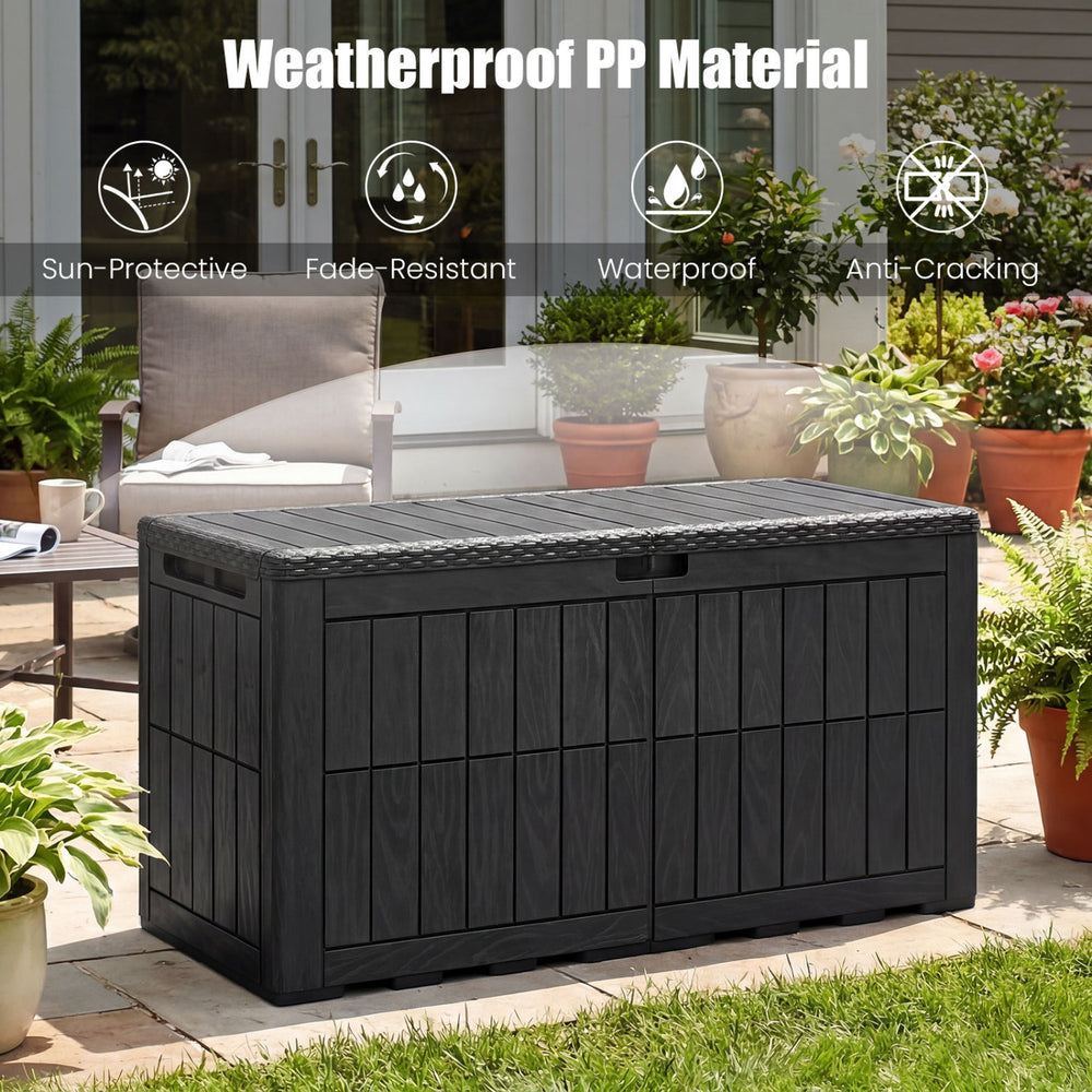 Waterproof lockable outdoor deck box in black, made of durable PP material, ideal for storing pool supplies and.